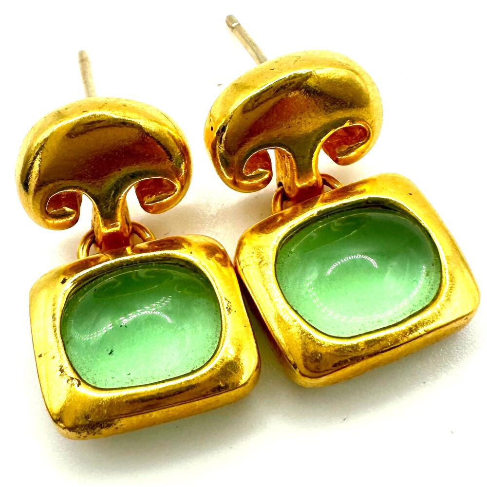 MMA BMC vintage gold tone green glass cabochons dangle drop post earrings